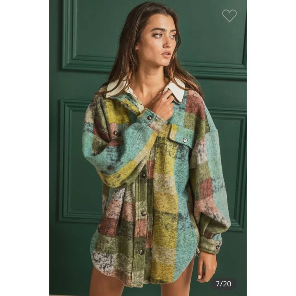 LAST ONE! Lime Fleece Checked Shirt Jacket - Picture 1 of 8